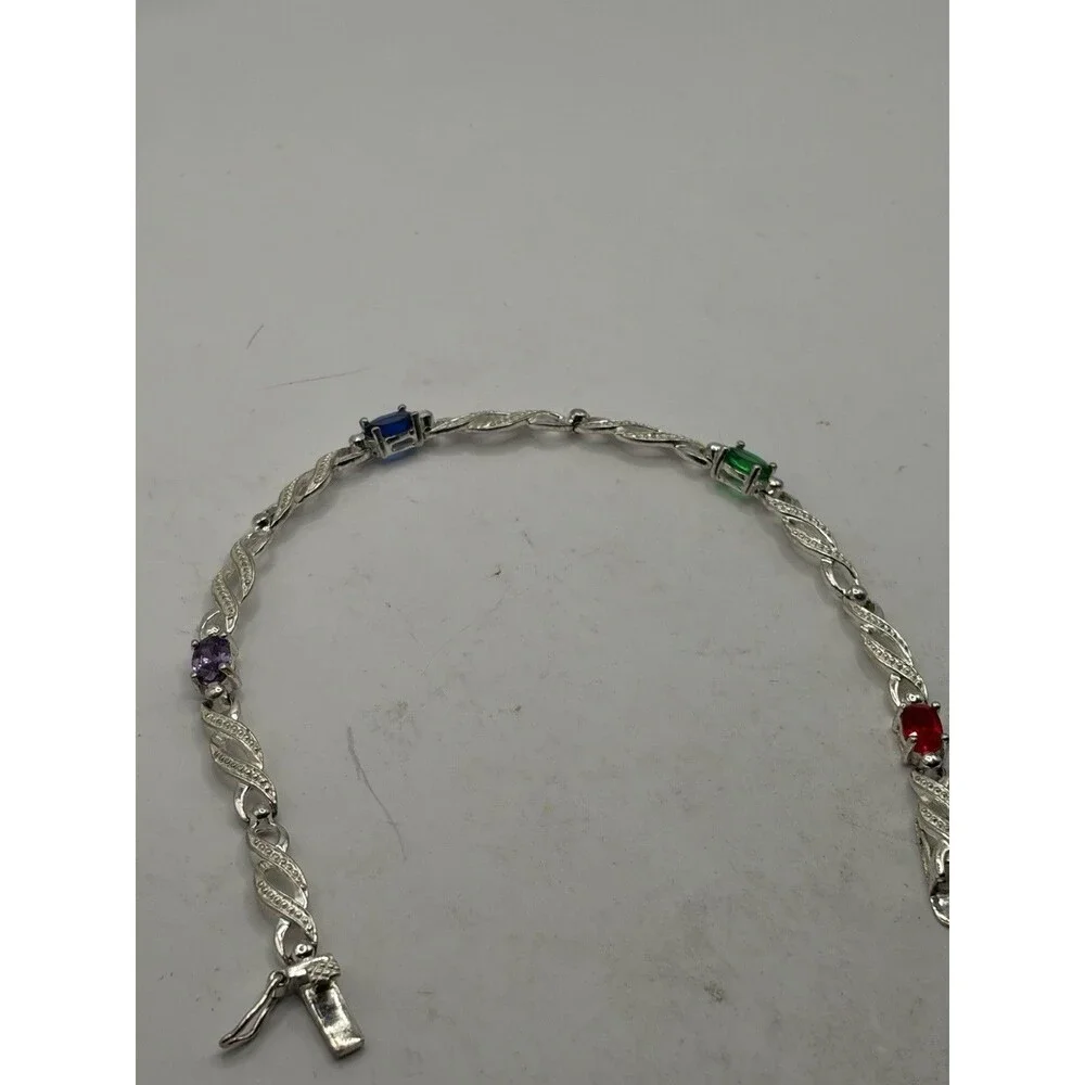 Sterling Silver  Multi-5. Colored Gemstone Link tennis Bracelet 925 7